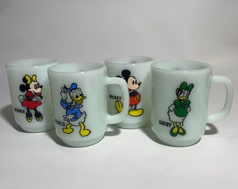 Mickey And Minnie Mouse & Donald And Daisy Duck Milk Glass Mugs / Pepsi Collector Series / Set Of 4 / Walt Disney Productions