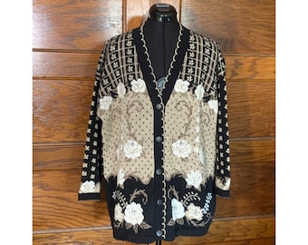 Scalloped Edge Black Tan & White Floral Cardigan Size Large / Oversized / Gift For Friend