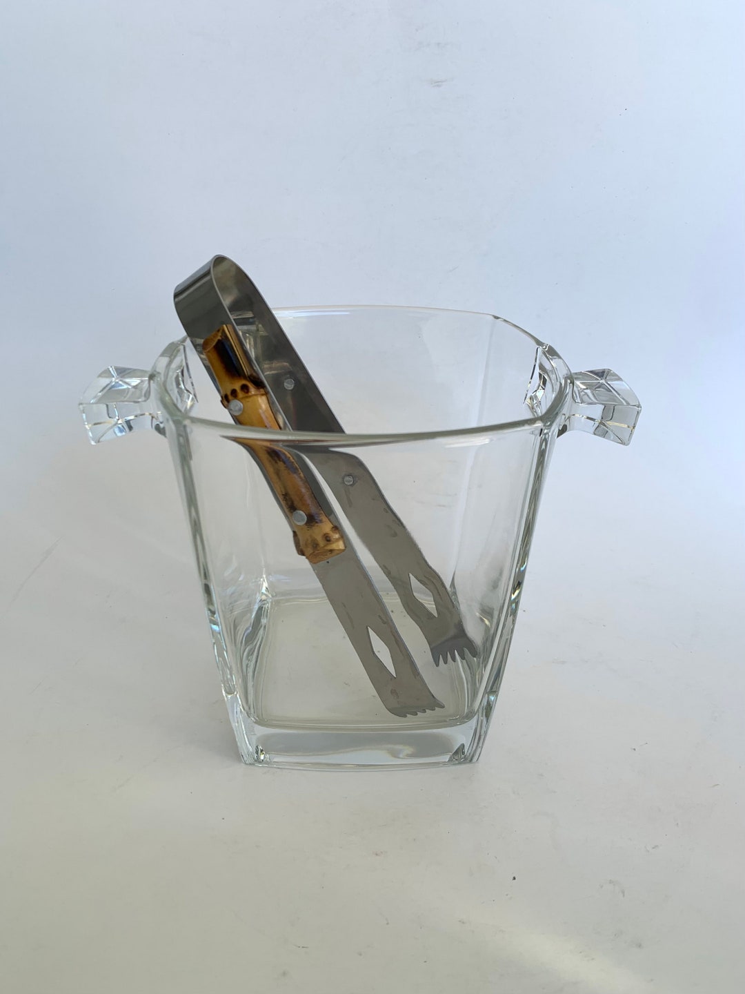 Clear Glass Ice Bucket With Stainless Steel Bamboo Handled Etsy