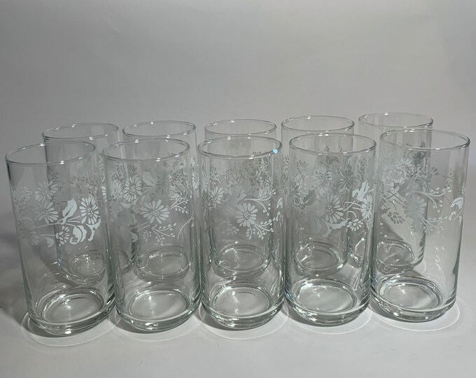 Pyrex Libbey Colonial Mist Tumblers / Set of 10 White Floral Glasses