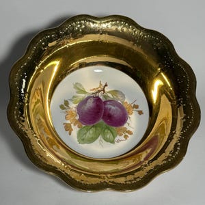 Gold Serving Bowl With Plums / Semi Vitreous / Hand Painted / Fruit Bowl / Grandmillennial