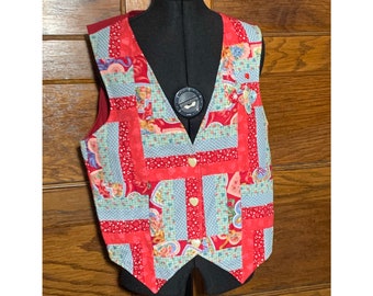 Red & Blue Patchwork Quilt Heart Vest / Grannycore / Cottagecore