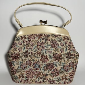 Muted Multicolored Floral Tapestry Bag / Tan And Gold Purse / 60s Handbag / Top Handle Carpet Bag / Gift For Friend