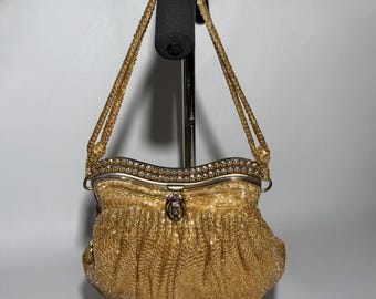 Vintage Jolles Original Gold Beaded Rhinestone Evening Bag Purse