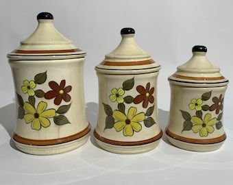 Cream Ceramic Yellow & Brown Mod Flower Kitchen Canister Set