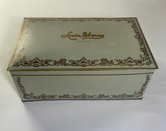 Louis Sherry Hinged Metal Chocolates Tin / Gray & Gold / Gift For Collector