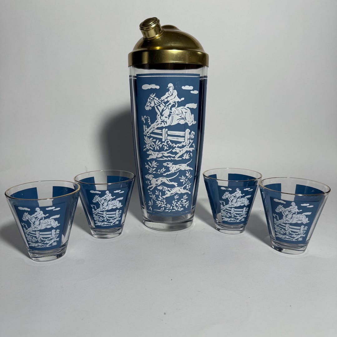 Hazel Atlas Horse and Rider Drink Shaker & Shot Glass Set: Tally Ho ...