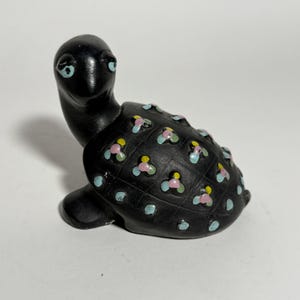 Vintage Black Chalkware Turtle Figurine: Floral Shell Decor