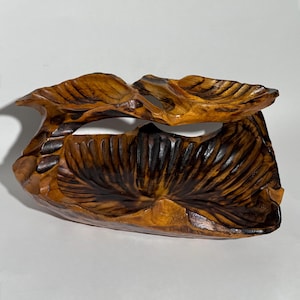 Hand Carved Rustic Burl Wood Basket With Leaves / Cabin Decor / Wooden Fruit Bowl / Catchall Dish / Burned Natural Wood Basket