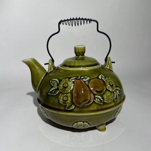 Vintage Avocado Green Ceramic Teapot: Fruit & Floral Design