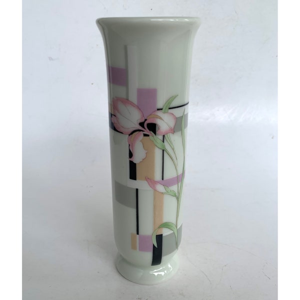 80s Ceramic Cylinder Vase With A Purple Iris / Russ