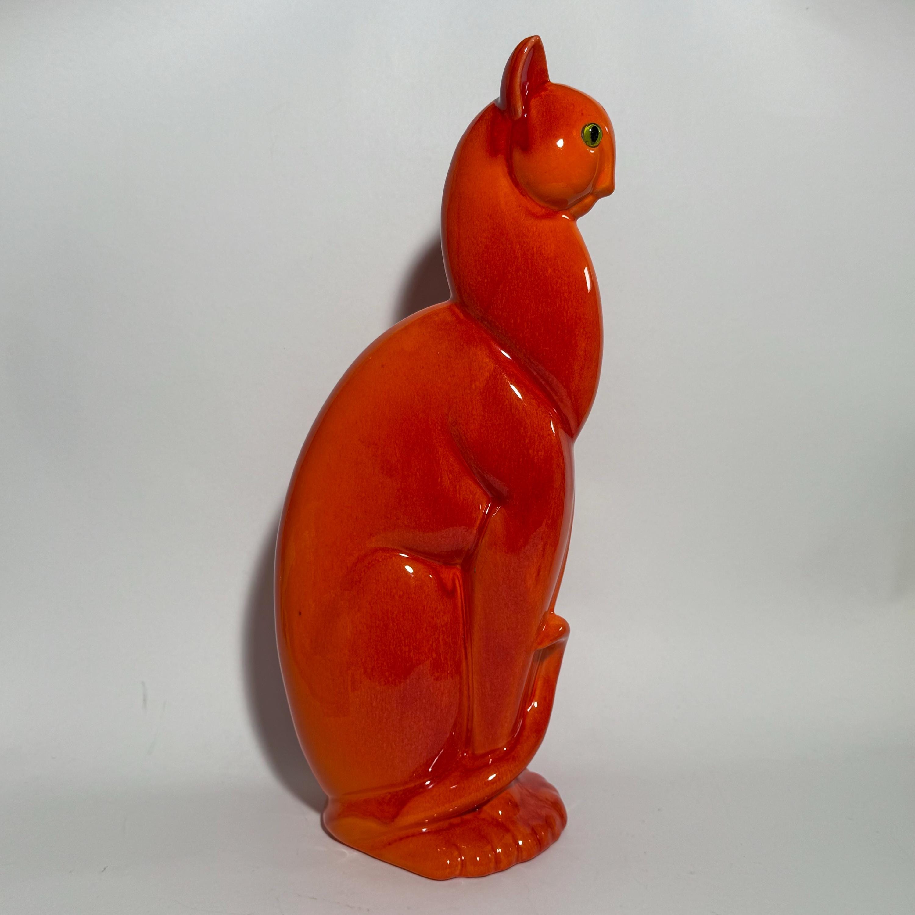 Orange Winking Cat Figurine Statue / Royal Haeger Pottery / Green