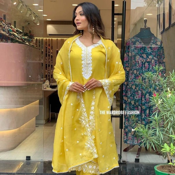 Indian Wedding wear Cotton fabric stylish Kurta Pant Set & dupatta set, Yellow color kurti set, party wear dress, Haldi Function