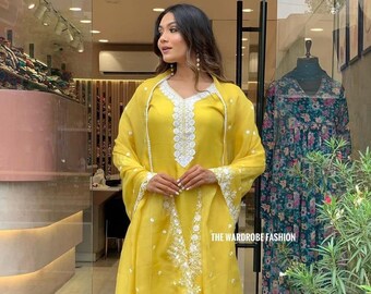 Indian Wedding wear Cotton fabric stylish Kurta Pant Set & dupatta set, Yellow color kurti set, party wear dress, Haldi Function