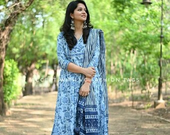 Indigo bagru hand block print anarkali style Kurta, pant and dupatta set with gotta detailing work