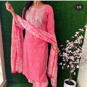 Indian Beautiful Cotton Kurti Pant With Duptta set 3 Piece Women/Girls For Dally Wear Readymade Set