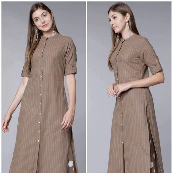 Premium women cotton Brown Color Kurti, Indian festive print cotton Kurta set, tunic for woman, festive wear, ethnic wear 2 Pc Kurti set