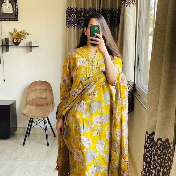Indian Women Ethnic Straight Kurti Pant Dupatta 3 Piece Designer  Ready made Wedding Dress Gift for mom