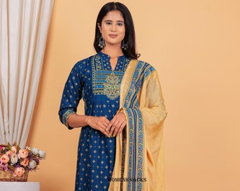 Embroidered Rayon Kurti with Pant and Dupatta | Indian Ethnic Outfit