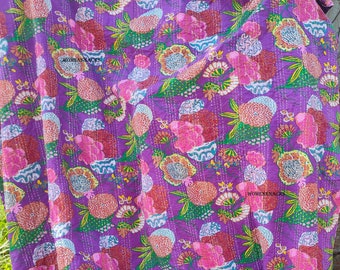 Organic Cotton Kantha Quilt Reversible Handmade Throw Blanket Bohemian Bedspread Bedding Cozy Home Gift