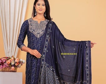 Embroidered Rayon Kurti Set: Blue Indian Salwar Kameez
