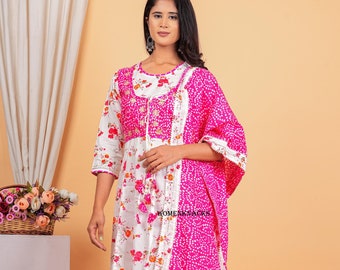 Indian wedding ethnic Kurta set Pure cotton anarkali kurti set gotta lace work bandhej print kurti with pant and dupatta for women 3 Pc set