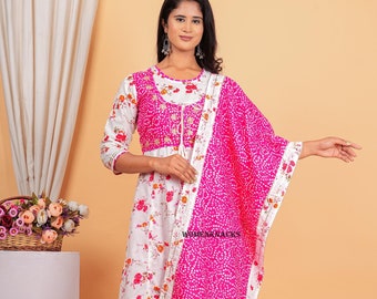 Designer Anarkali Kurti Pant and Dupatta Set bandhej Printed And gotta lace work Kurti Indian Cotton Wedding Wear Dress Anniversary Gift