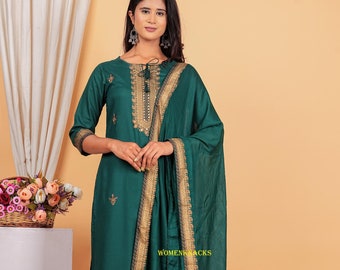 Embroidered Kurta Palazzo Set: Rayon Indian Outfit with Cotton Dupatta