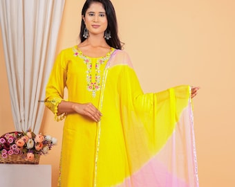 Yellow Rayon Kurta Set: Embroidered Indian Ethnic Wear
