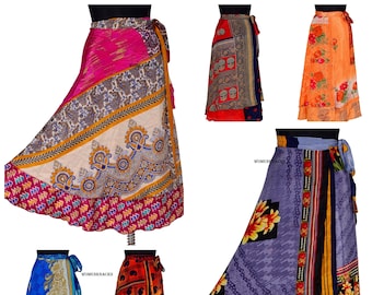 Groothandel veel Indiase zijden lange wikkelrokken boho omkeerbare rok hippierok vintage zijden sari-rokken