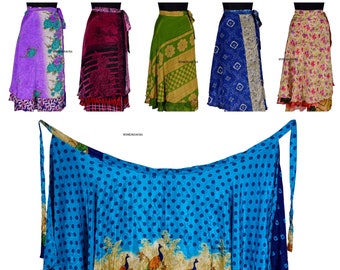 Lot omkeerbare zijden sari-wikkelrok, boho maxi, gelaagd, enkellengte