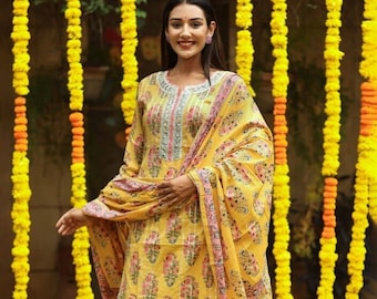 Designer Cotton Kurti With Gota Detailing Sharara With Printed Dupatta Partywear Dress Long Flared Kurta 3Piece Set Readymade Dresse For EID