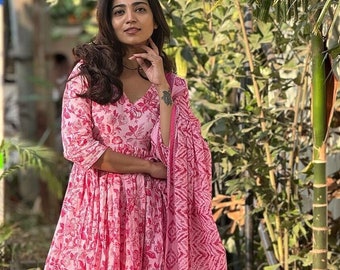 Floral Printed Pink Anarkali Kurti For Women, Full Flared Dress With Dupatta Set, Indian Festival Outfit Full Stitched Anarkali Kurta set