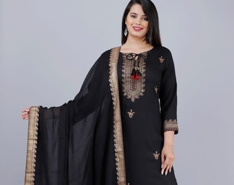 Kant-en-klare 3 foto set, rayon rechte kurti met palazzo en katoenen dupatta set, kurti palazzo set, plus size jurken