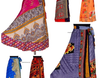 Wholesale Lot Vintage Indian Art Silk Maxi Skirt Bohemian Floral skirt Hippie Long Wrap skirt (Assorted Colors)