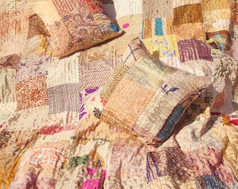 Handmade Quilt Vintage Kantha Quilt Silk Patchwork Bedding Quilt Bohemian Kantha Throw Blanket Gift For Her