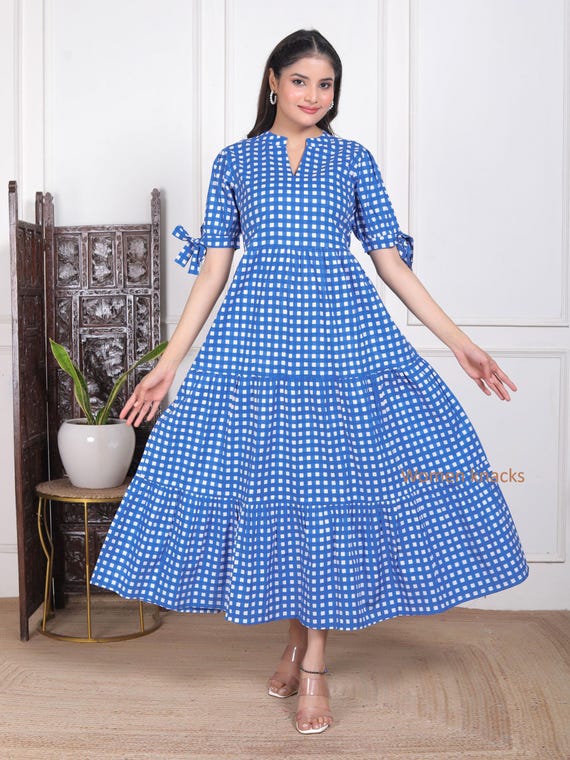 Handmade Cotton Gingham Midi Dress, Boho Summer Outfit