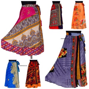 May include: Six different colorful wrap skirts with various patterns and designs. The skirts are made of silk and have a flowing, bohemian style.