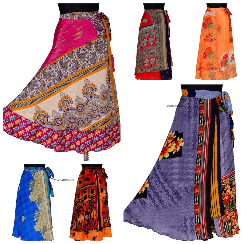May include: Six different colorful wrap skirts with various patterns and designs. The skirts are made of silk and have a flowing, bohemian style.