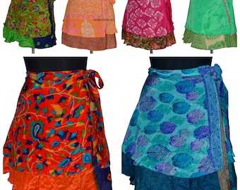 Lot Of Mini Silk Wrap Skirts Indian Short Knee Length Vintage Double Layer Skirts, Maxi Skirts Beach Wear Sarong Skirts Magic Wraps