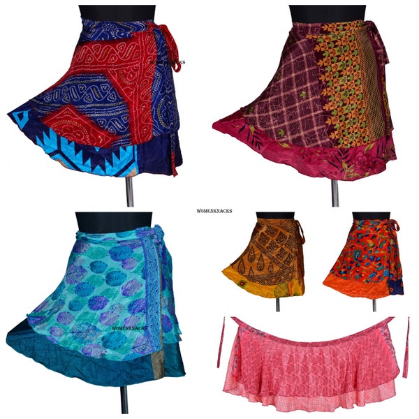 Indian Women short MIni Skirt Wrap Skirts Vintage Silk Bohemian Hippie Beach Magic short Dress summer skirts women