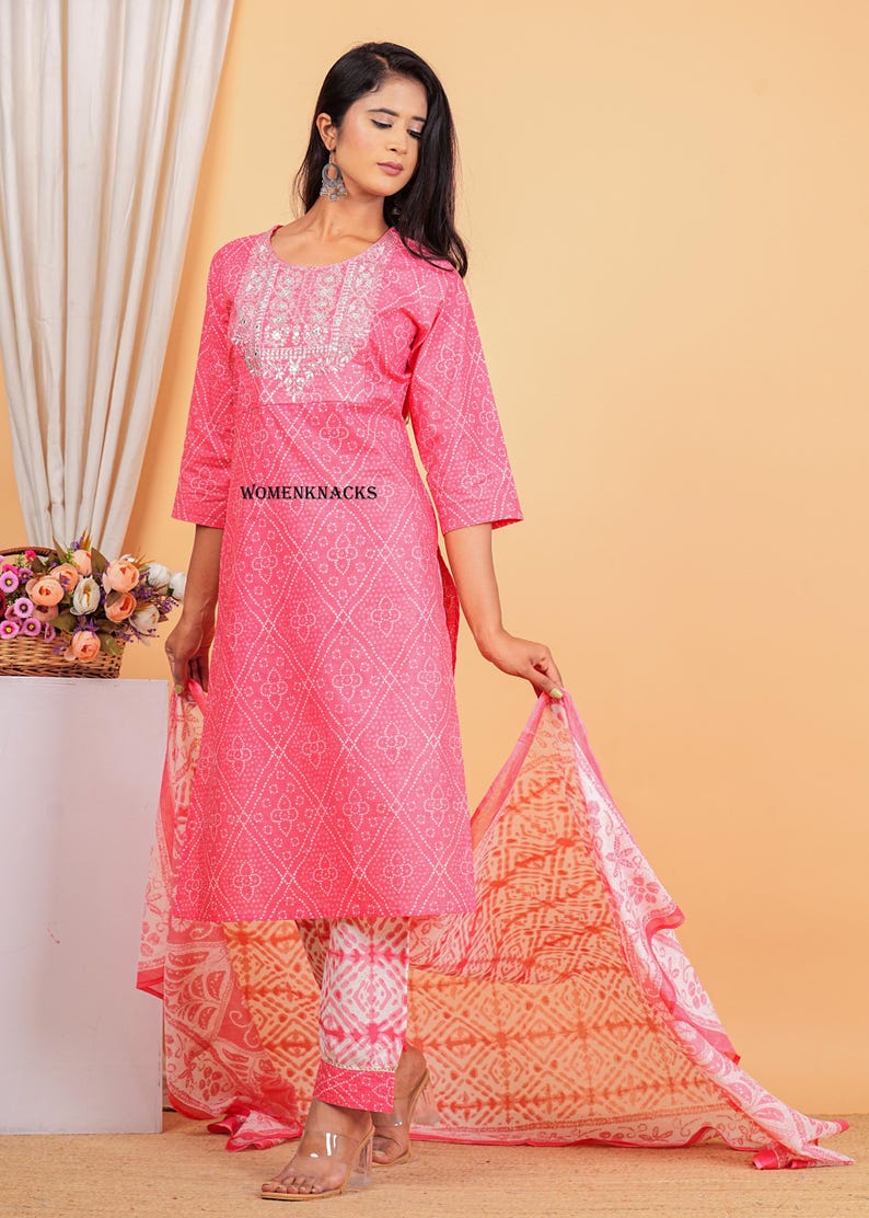 Floral Printed cotton kurti set with Dupatta Traditional Indian Outfit | Ethnic Kurta Set for Women readymade 3 pc set image 9