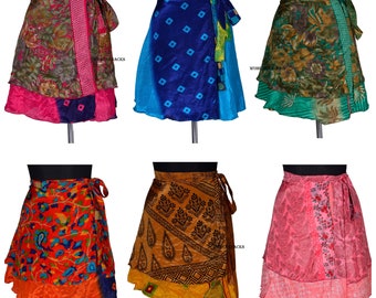 Bohemian Art Silk Mini Wrap Skirt, Reversible Double Layer