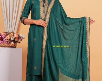 Indian Cotton Kurti Pant Dupatta Set with Gotta Lace Work