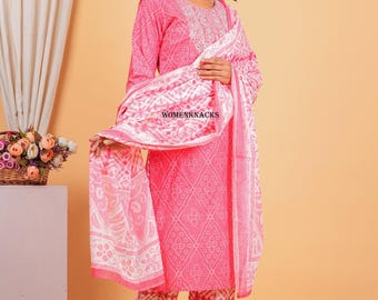 Kurta de algodón con estampado floral salwar kameez de color rosa con pantalón y dupatta, conjunto de karta para fiesta navideña para mujeres hasta talla 4XL
