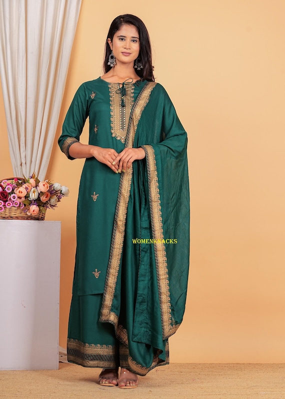 Embroidered Kurta Palazzo Set: Rayon Indian Outfit with Cotton Dupatta
