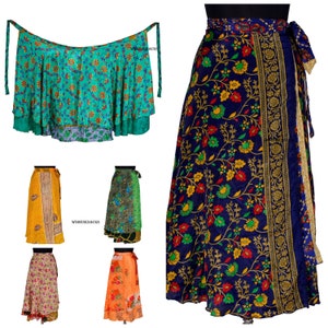 Bohemian Vintage Art Silk Sari Skirt Women&#39;s Magic Wrap Double Layer Skirts, Maxi Skirts Beach Wear Sarong Skirts
