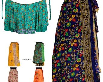 Boho Vintage Art Silk Sari Rok Dames Magic Wrap Dubbellaags Rokken, Maxi Rokken Strandkleding Sarong Rokken