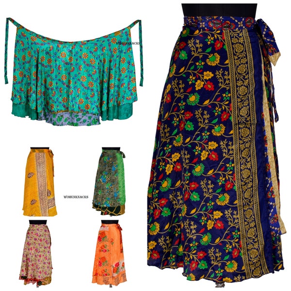 Bohemian Vintage Art Silk Sari Skirt Women's Magic Wrap Double Layer Skirts, Maxi Skirts Beach Wear Sarong Skirts