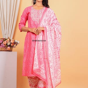 Floral Printed cotton kurti set with Dupatta Traditional Indian Outfit | Ethnic Kurta Set for Women readymade 3 pc set image 10
